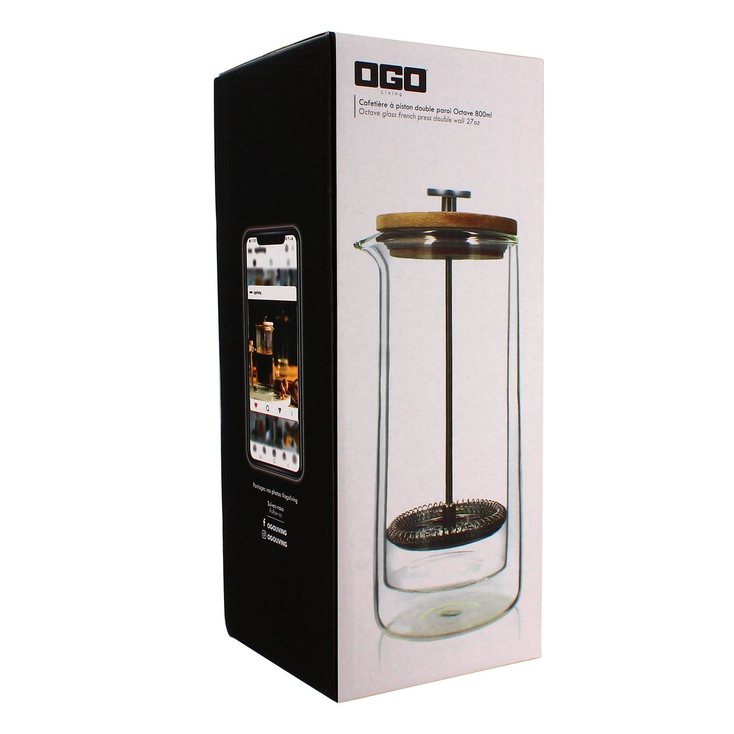 800 ml doppelwandige französische Presse aus Glas und Holz