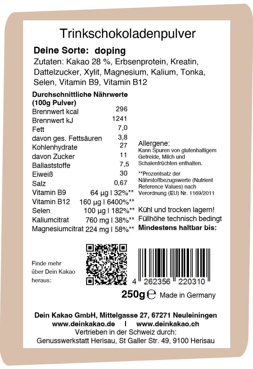 Dein Kakao | Doping Trinkschokoladenpulver | vegan | Sport